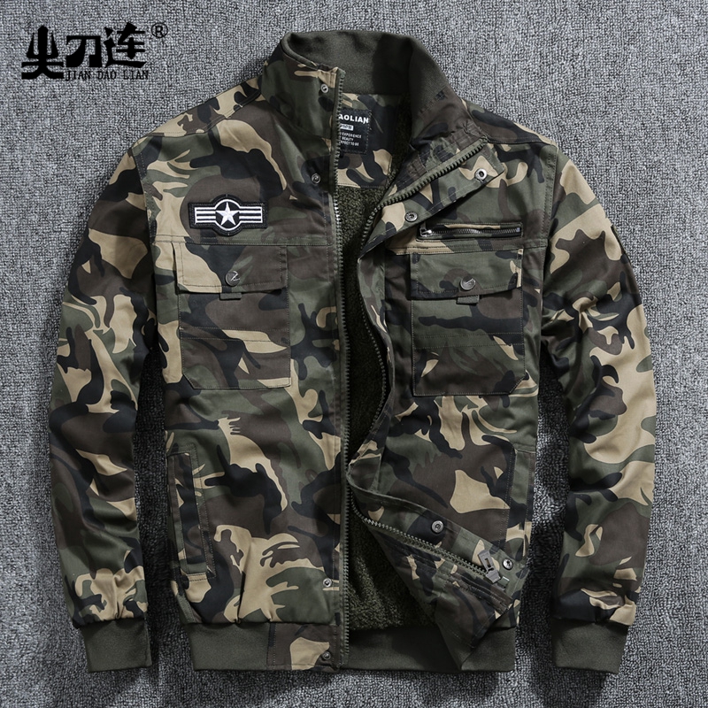 尖刀连秋冬加绒多口袋黄色迷彩夹克户外加绒保暖上衣多兜工装上衣