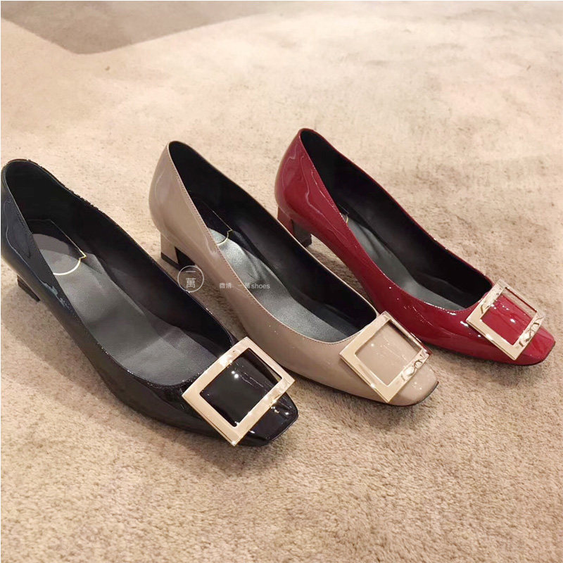 4.5cm 方扣单鞋女鞋 rv大象灰漆皮 2020春新款 方头中粗跟马蹄跟