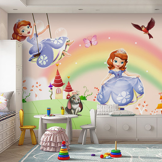全屋定制墙纸卡通可爱苏菲亚公主儿童壁画梦幻彩虹定制壁画