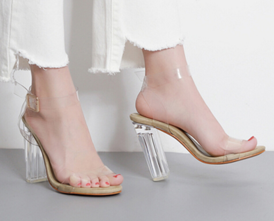 2017年新款高跟鞋一字带露趾走秀水晶鞋透明粗跟凉鞋女鞋yxb9421