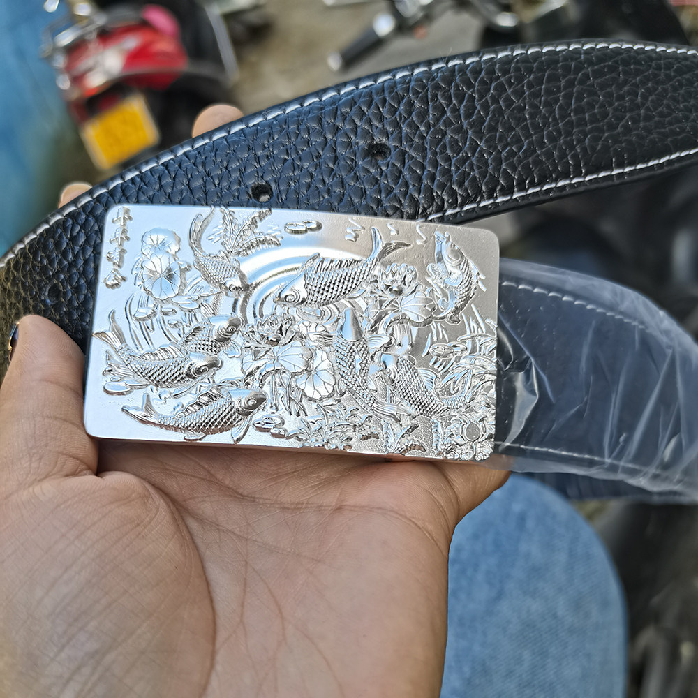 纯银足银鲤鱼荷花皮带扣原创设计腰带带扣寓意扣