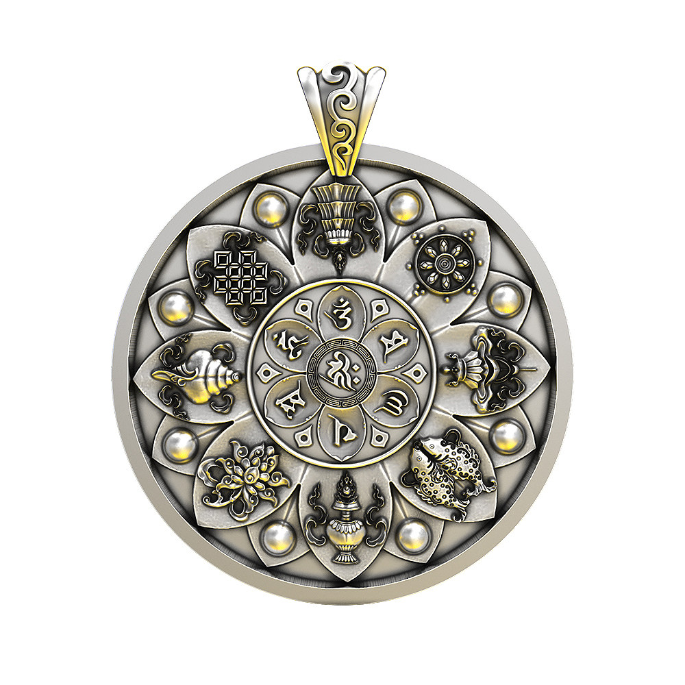 足银s999佛八宝吊坠 六字真言男士实心圆型项坠牌 纯银项链男吊坠