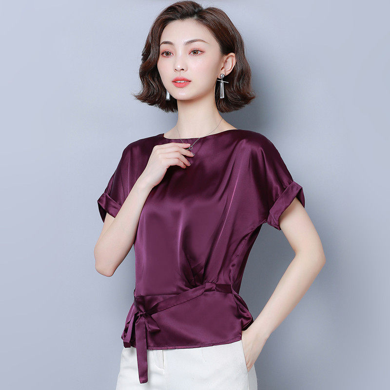 真丝t恤女短袖宽松桑蚕丝上衣女夏装新款大码遮肚子绸缎洋气小衫-折啊