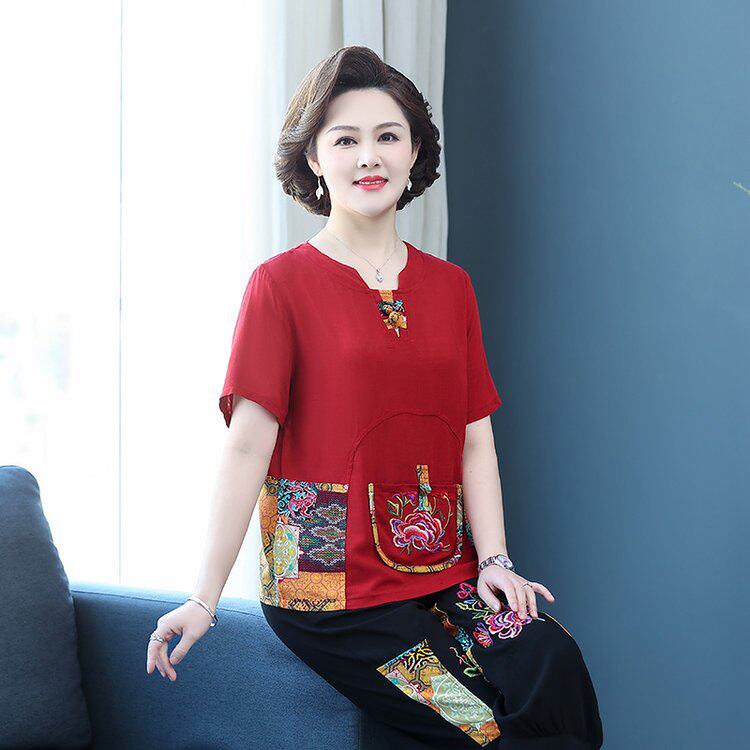 中老年人女装夏装民族风棉麻两件套装妈妈夏季复古时尚套装