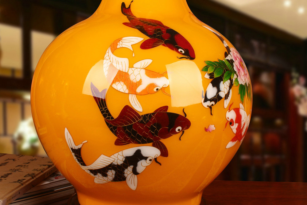 景德镇陶瓷器宫廷黄金丝麦秆年年有鱼花瓶中国国风古典花瓶