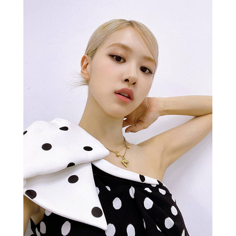 blackpink朴彩rose同款波点斜肩连衣裙女拼色蝴蝶结短裙连衣裙