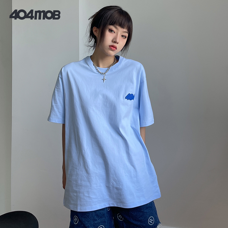 404MOB潮牌胶贴logo纯色短袖T恤男女潮流百搭基础多色情侣打底衫