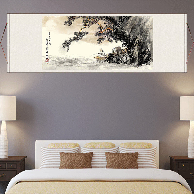 招财山水挂画鸿运当头仁者智者丝绸卷轴画横幅风水挂画青绿山水画