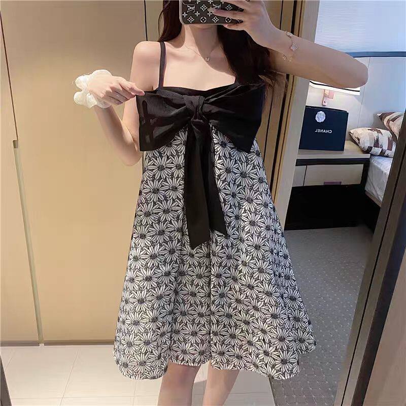 初恋蝴蝶结小个子一字肩吊带裙抹胸连衣裙2021新款女夏小雏菊裙子