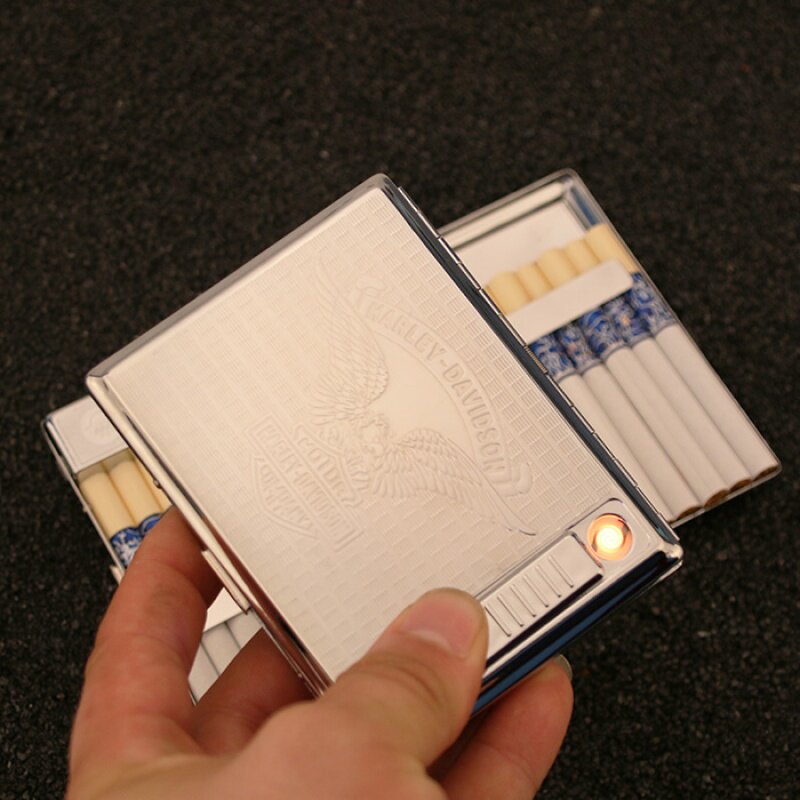 不锈钢usb充电装20只香烟盒打火机一体 自动弹力烟夹翻盖超薄防风