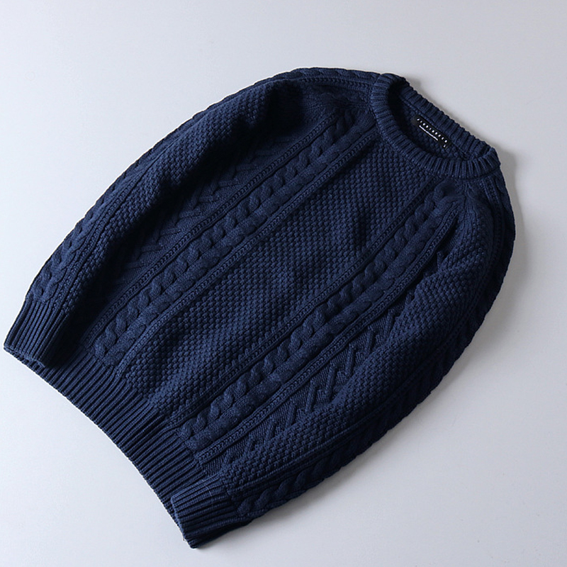 外贸原单男装加厚纯棉圆领毛衣男粗线麻花针织衫秋冬套头保暖毛衫