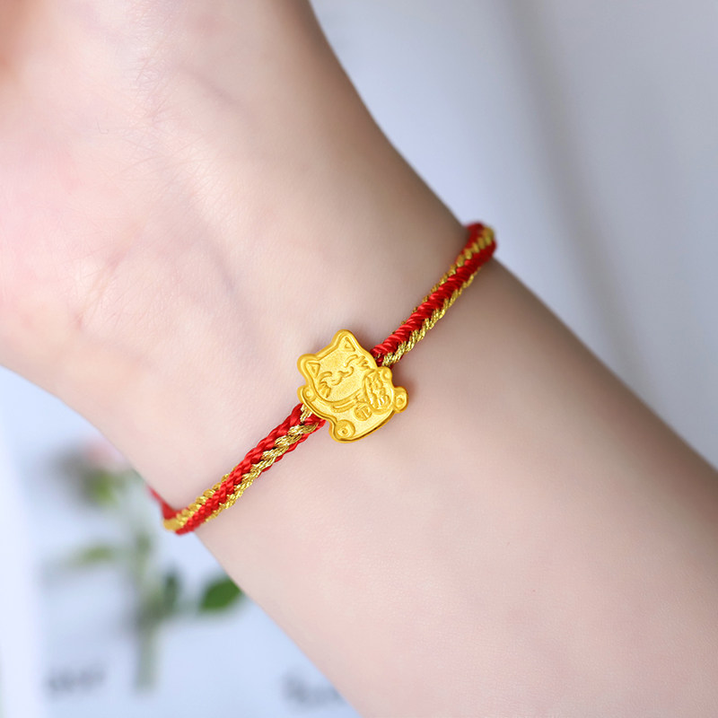 新品黄金招财猫手链女款足金编织手绳3d硬金手饰