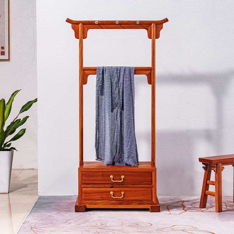贡艺名居缅甸花梨实木明式衣帽架红木卧室带屉中式衣帽架