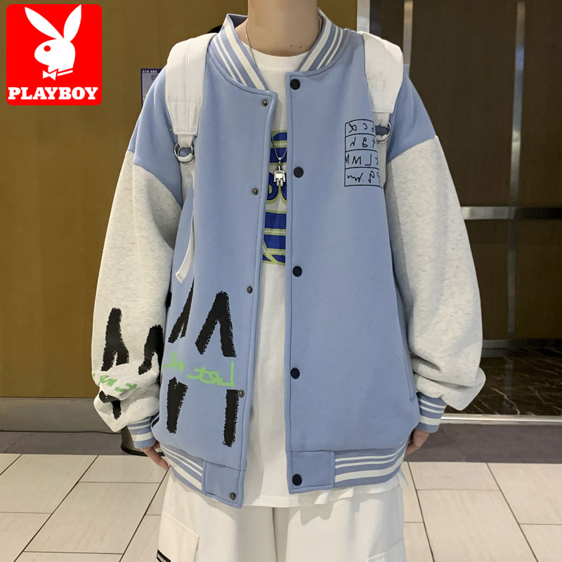 花花公子假两件卫衣男开衫春秋季青少年棒球服外套潮流牌ins港风