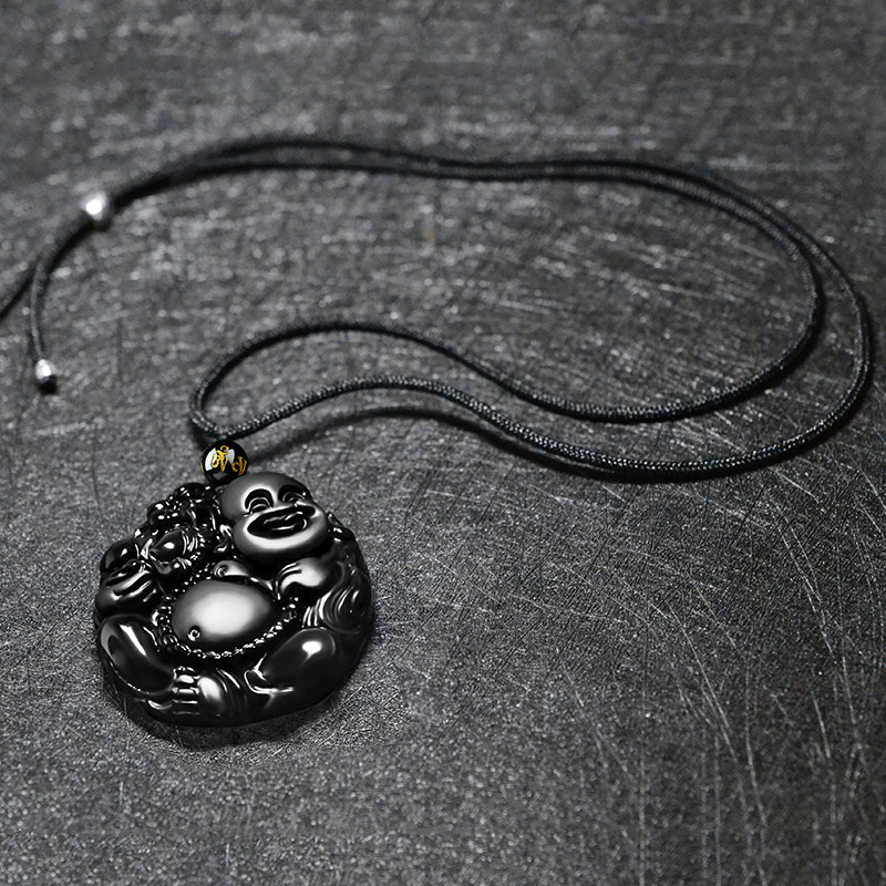 天然纯黑乌金曜石吊坠男士开心大肚弥勒项链项坠