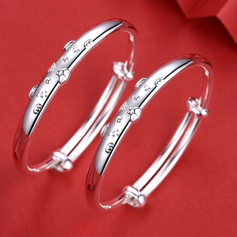 婴儿手镯纯银999银饰实心手足镯虎周岁礼满月百岁宝宝镯子带铃铛