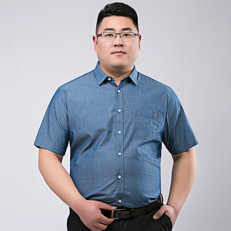 加肥加大男士短袖衬衫胖子宽松休闲牛仔半袖衬衫