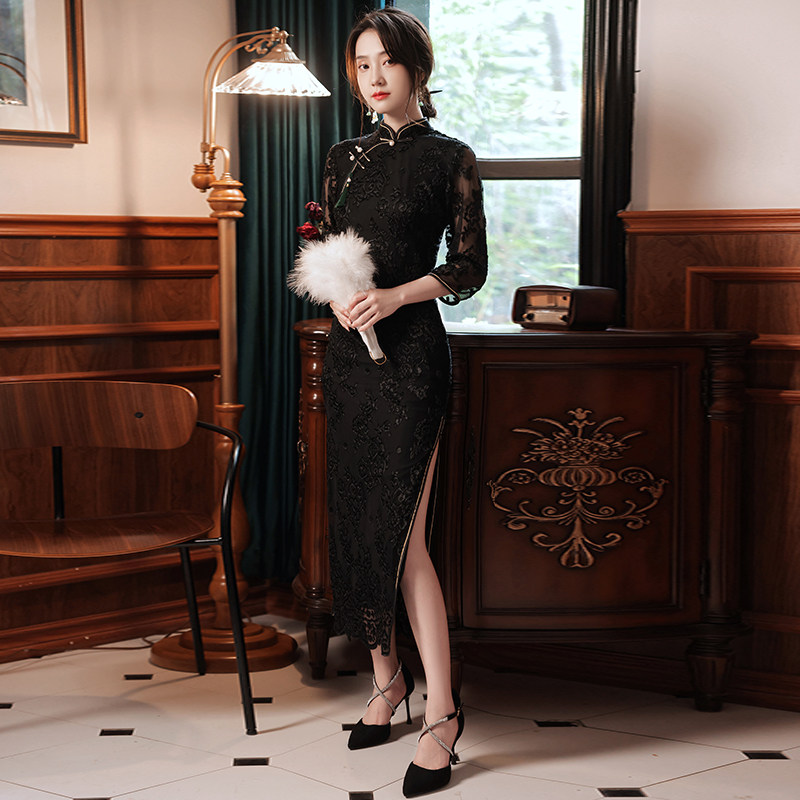 老上海旗袍女秋季日常长款蕾丝黑色高雅气质民国风连衣裙大码显瘦