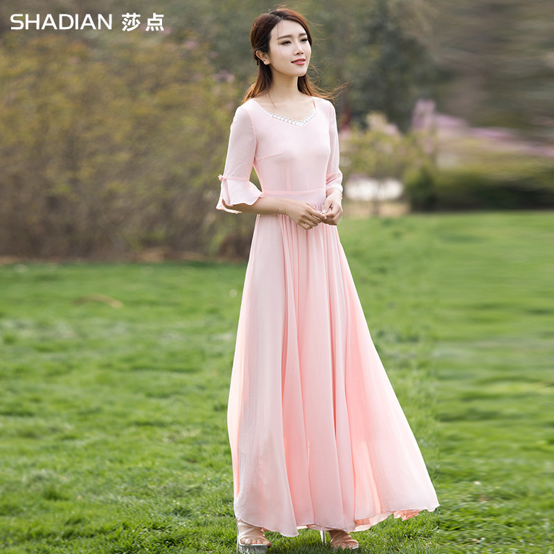 莎点2022新款连衣裙夏蝴蝶结长款修身雪纺长裙波西米亚优雅大摆裙-图1