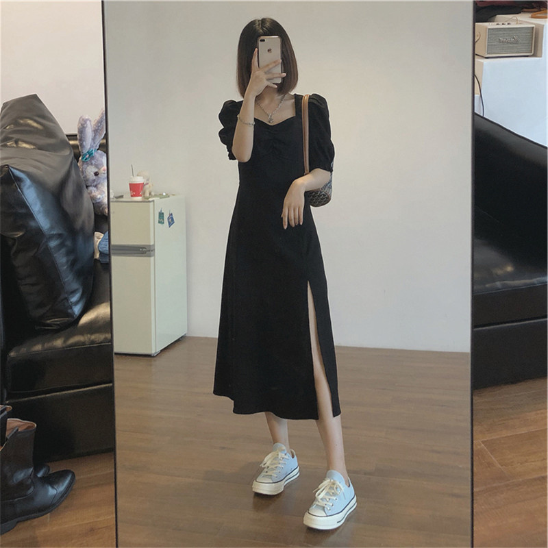 赫本轻熟风法式开叉小黑裙收腰气质显瘦长裙小个子御姐连衣裙女夏