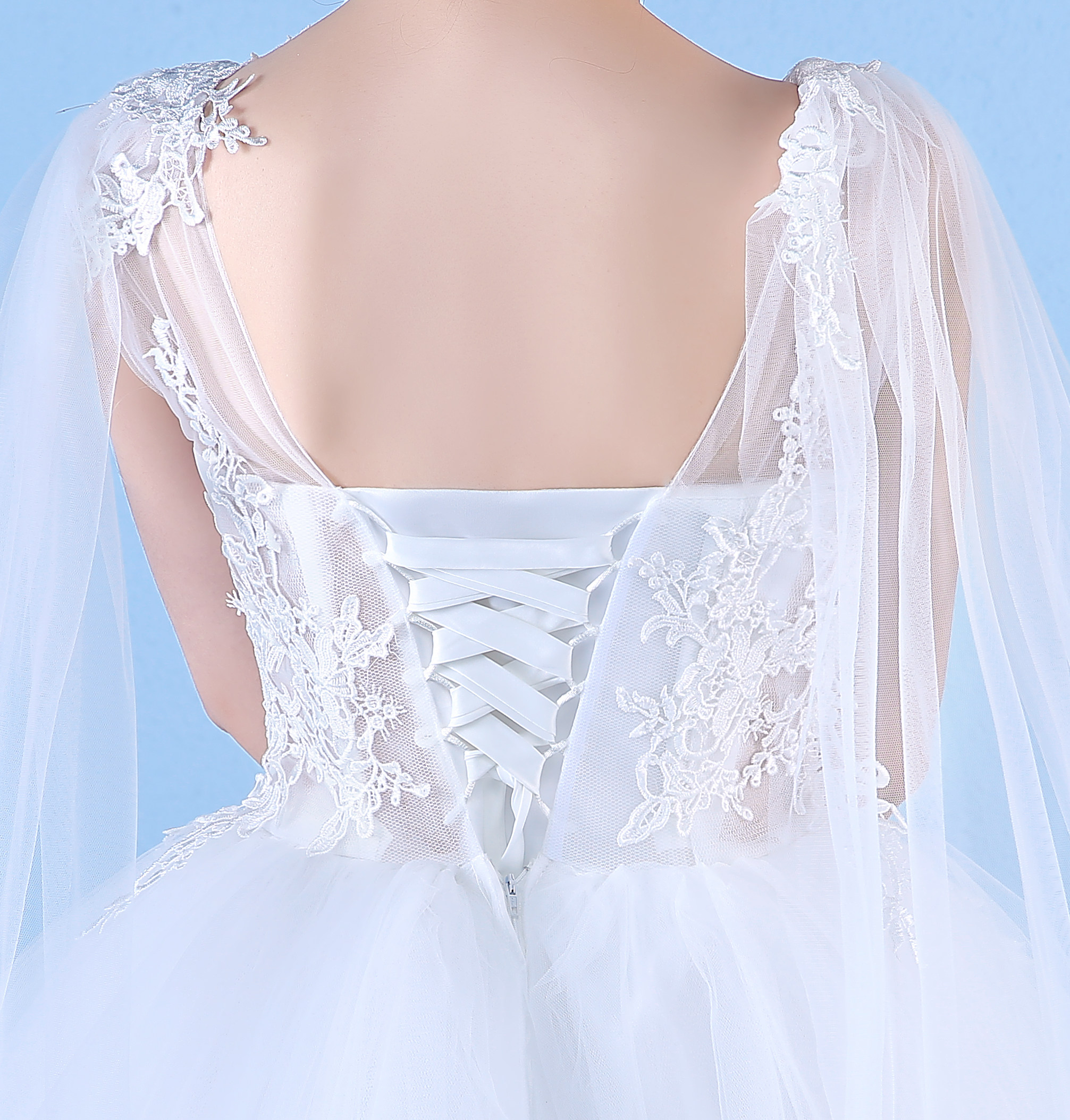 婚纱礼服2019新款新娘结婚绑带齐地蕾丝花朵长飘韩式一字肩2020