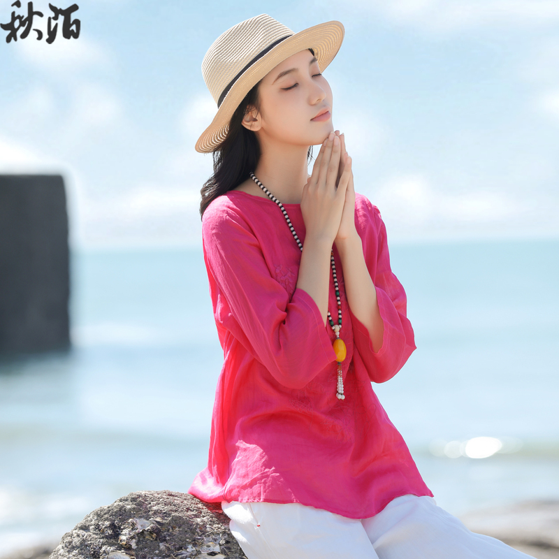 玫红色高端苎麻t恤女七分袖2022新款早春度假衬衫女装上衣夏季