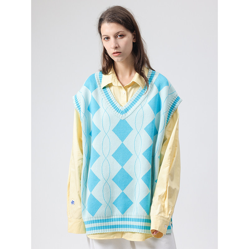 zuobeika国潮湖绿色菱格毛衣背心春秋外搭设计感韩版毛针织衫