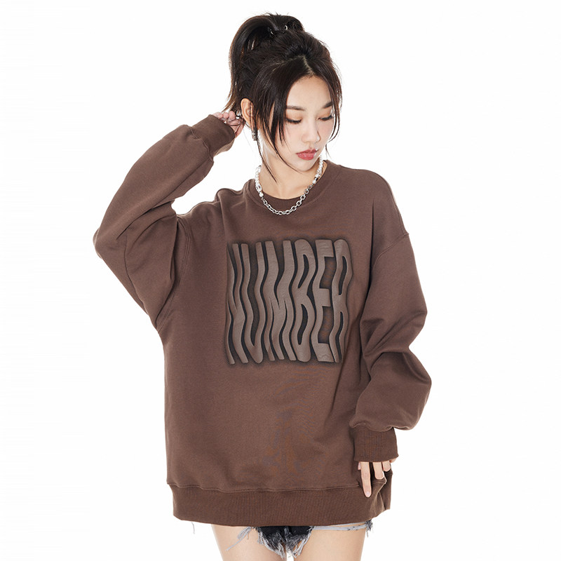 贝卡潮牌美式复古咖啡色卫衣女圆领春秋纯棉无帽卫衣