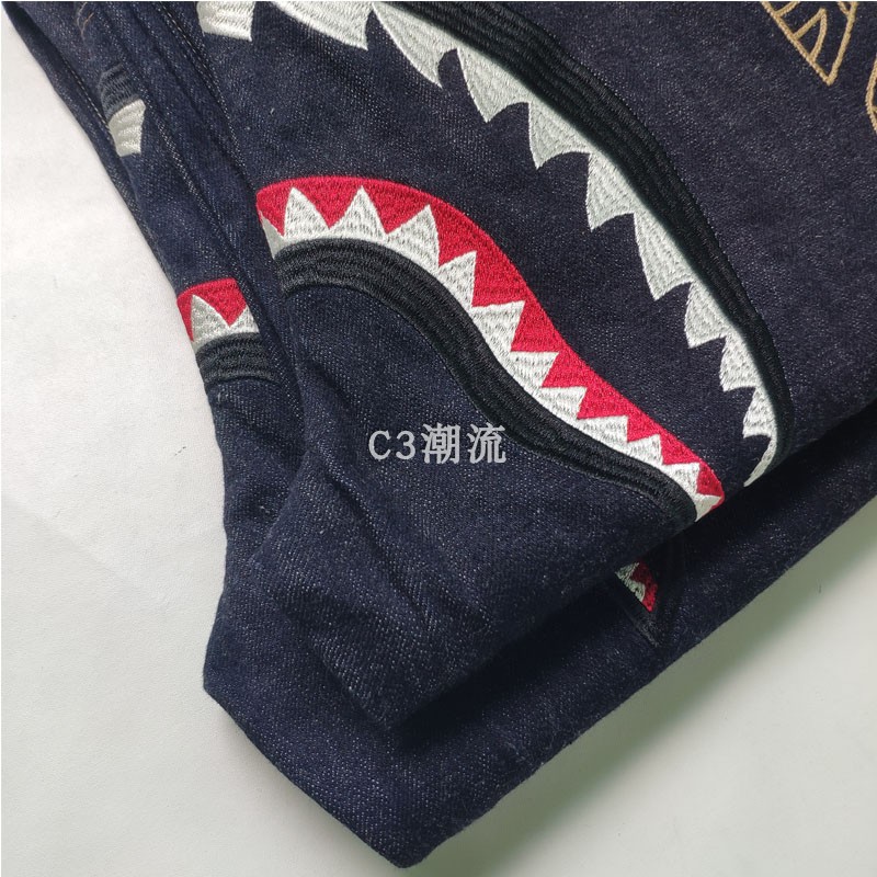 C3潮流 TAPER SHARK DENIM PANTS 鲨鱼刺绣 原色赤耳丹宁牛仔裤男