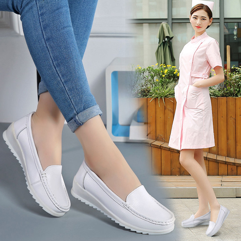 护工白鞋秋2022新款女装坡跟皮单鞋子药房韩版单鞋