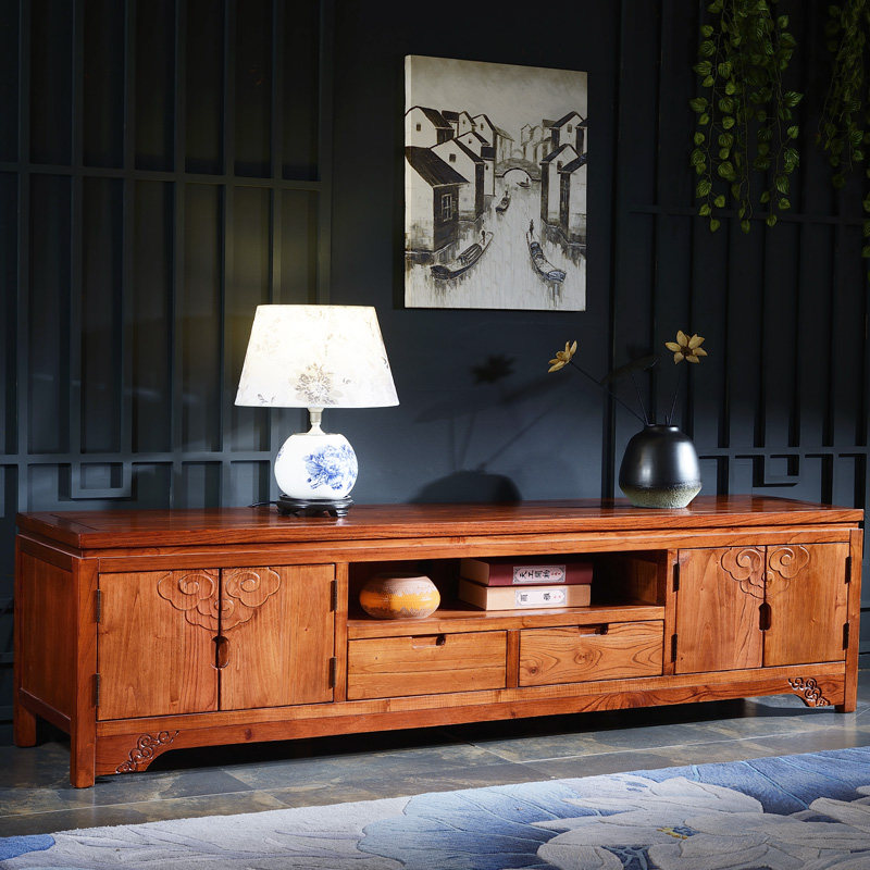 实木雕花电视柜现代中式复古地柜原木茶几组合电视柜