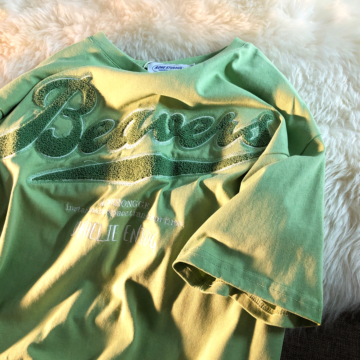 Jew4room奶绿色软糯糯刺绣短袖T恤男 美式复古vintage古着情侣装