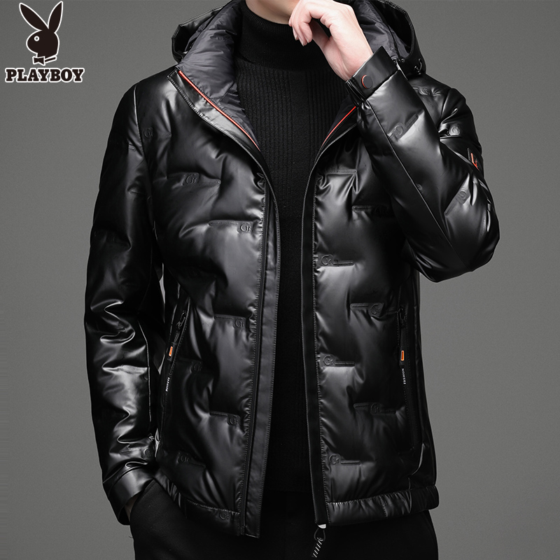 花花公子亮面羽绒服男士短款保暖外套2021冬季加厚连帽羽绒上衣男