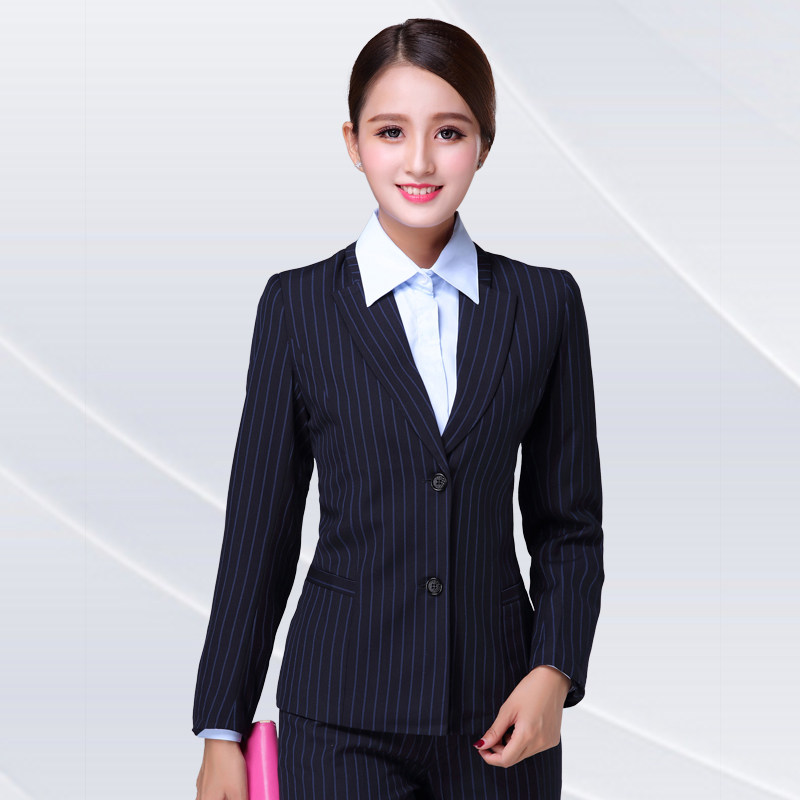新款建设银行女装秋冬套装面试条纹工作服建行长袖外套裤子衬衫