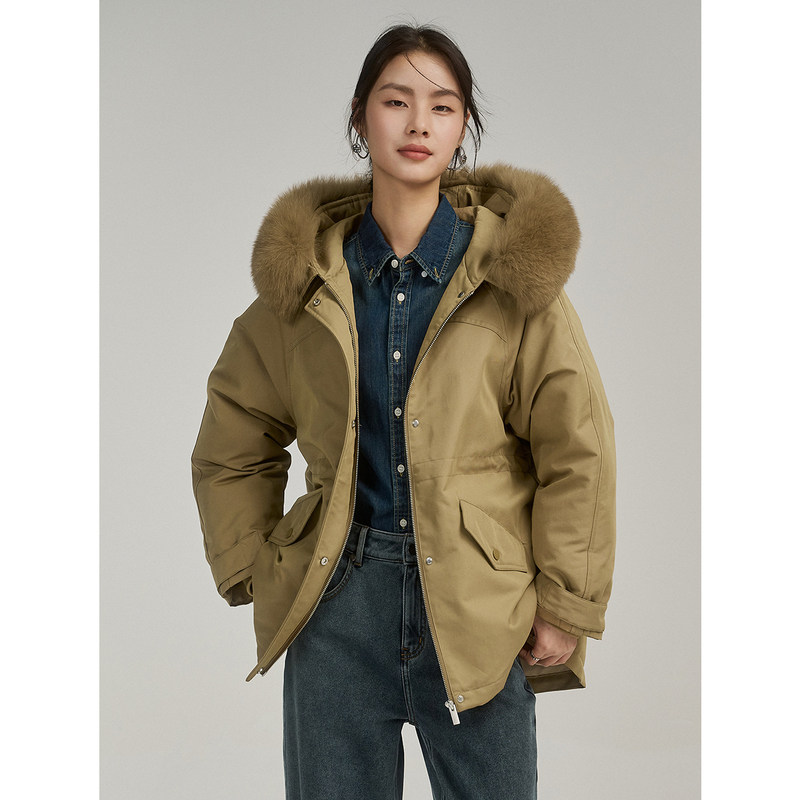 初棉大毛毛领派克羽绒服女冬连帽白鹅绒保暖厚外套羽绒服