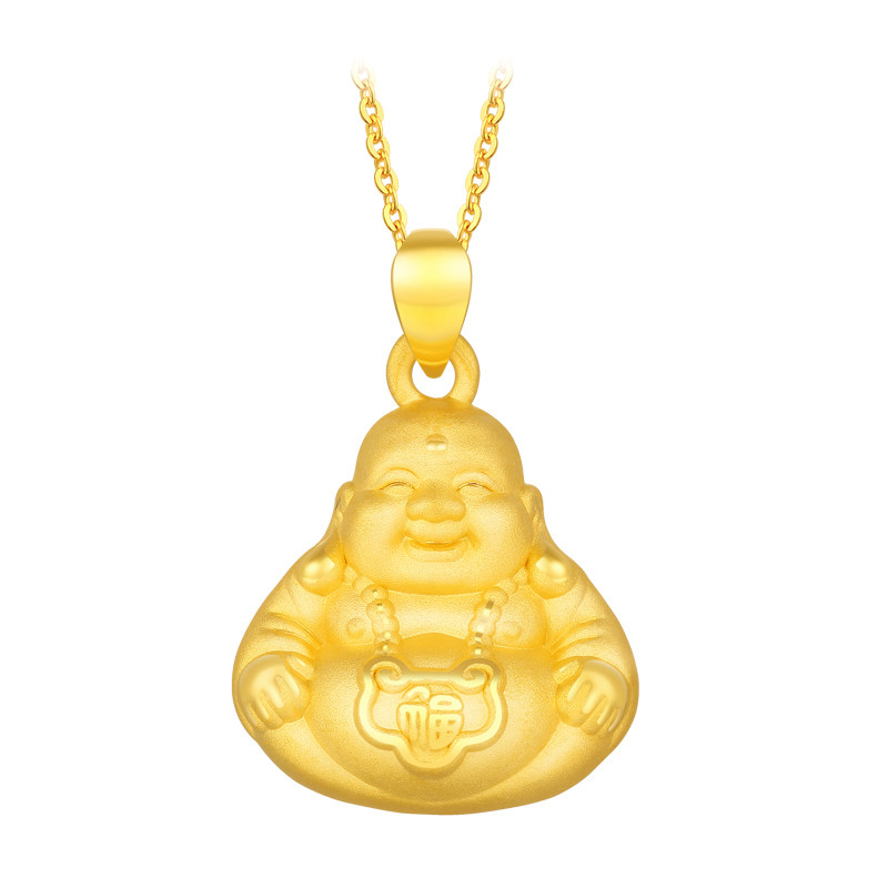 绳艺黄金弥勒佛吊坠佛公项链女佛情侣3d硬金足金999挂坠萌佛金饰
