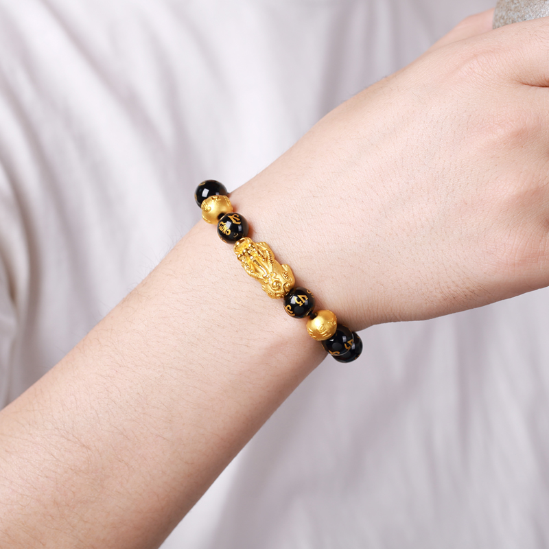 绳艺珠手串转运真言六字黄金貔恘皮丘足金男女手饰