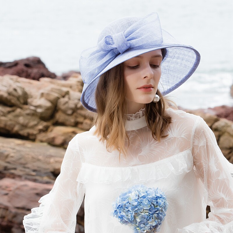 ee平顶子女帽子雅范优雅蝴蝶结短檐麻纱菲律宾帽子