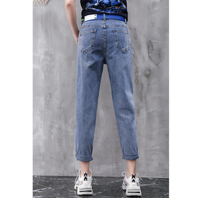 2021春季新款阿凡牛9150蓝色磨白破修身显瘦老爹跨裤弹力女牛仔裤