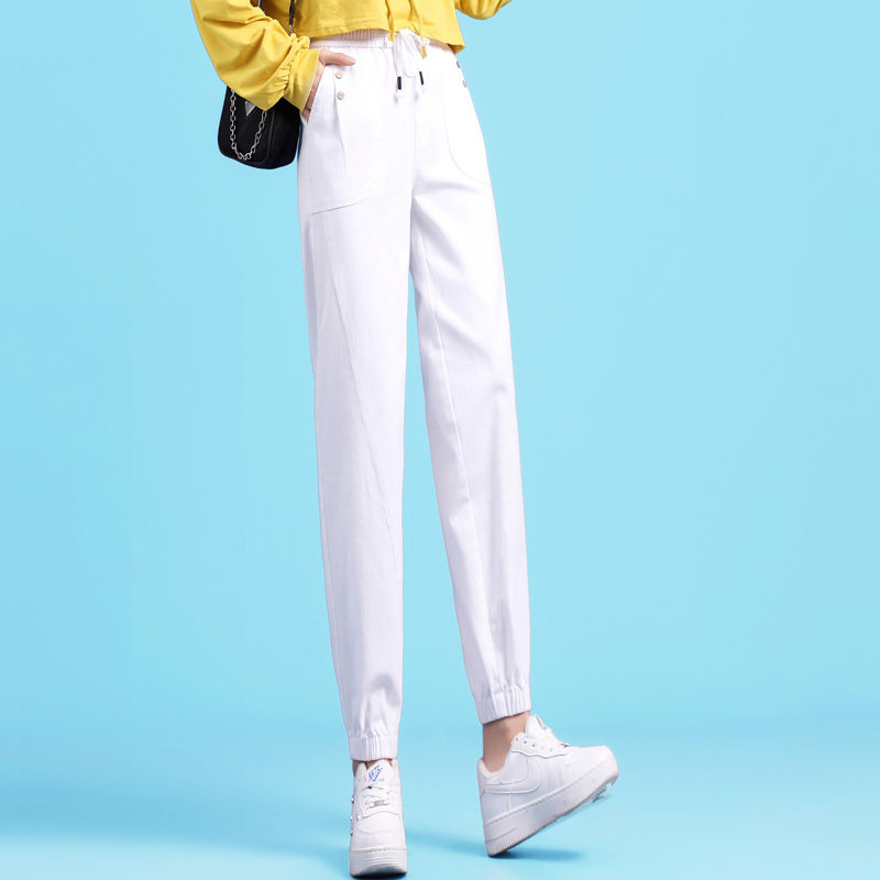 2021夏季新款白色束脚运动裤女春秋九分直筒休闲裤