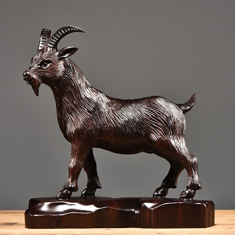 檀木木雕生肖山羊摆件实木雕刻动物领头羊家居饰品木雕