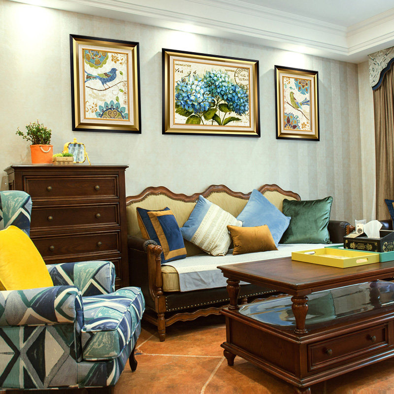 美式装饰画客厅沙发背景墙挂画北欧花鸟油画餐厅现代装饰画