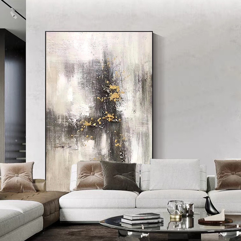 手绘油画工业风客客厅装饰画抽象三联组合黑白灰油画