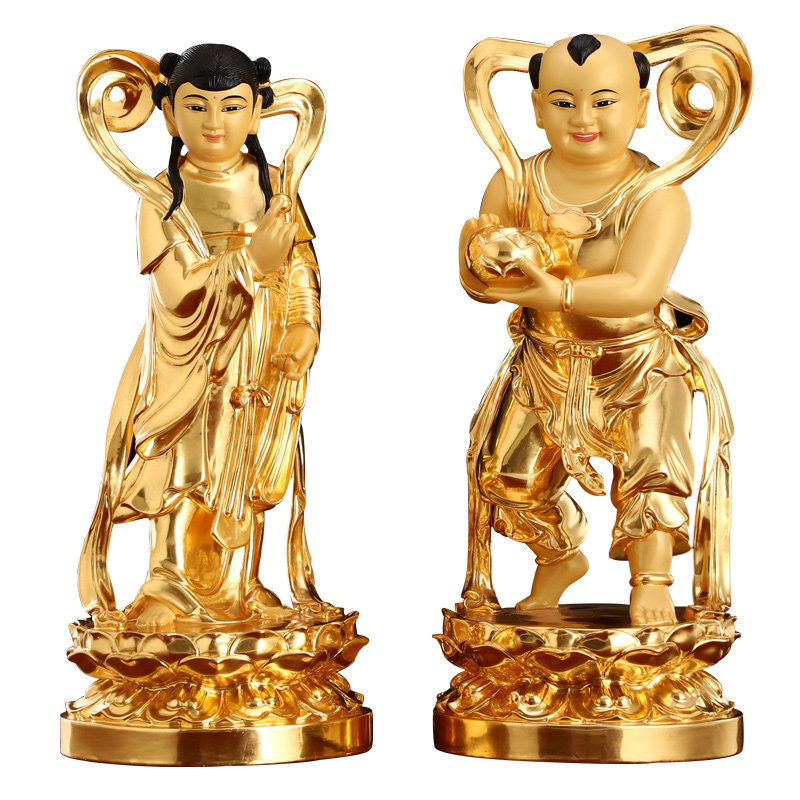 熙曼蒂金童玉女一对家用供奉纯铜贴金善财童子龙女童摆件