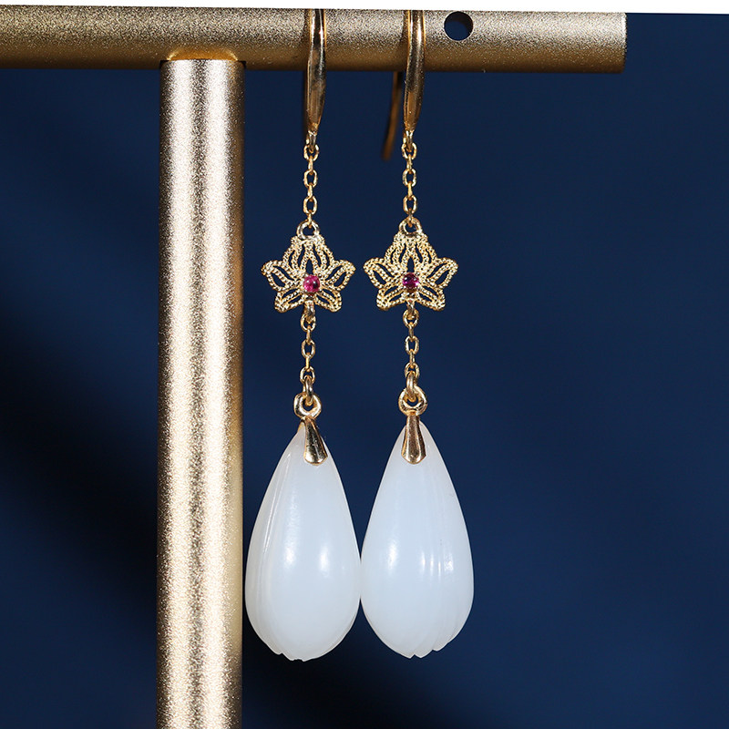 耳坠和田款耳气质百搭古法金耳坠金镶玉镶嵌18k其他