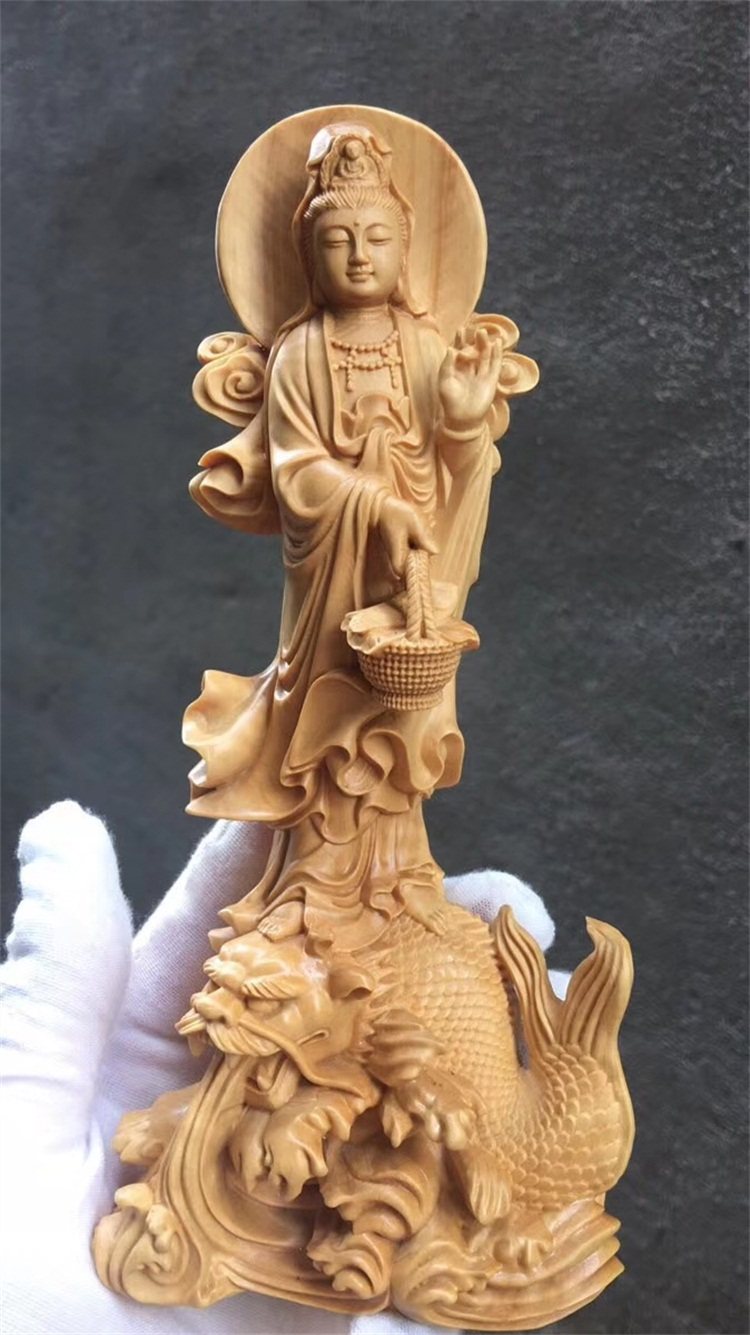 自在鳌鱼观音摆件木雕小叶黄杨家居车载车内木雕