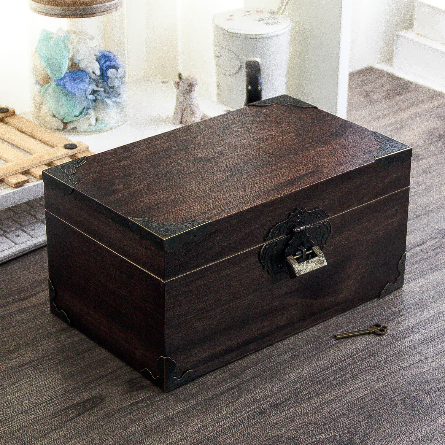 樟木复古木盒子带锁收纳盒实木质桌面收纳盒杂物小箱子木箱子香樟