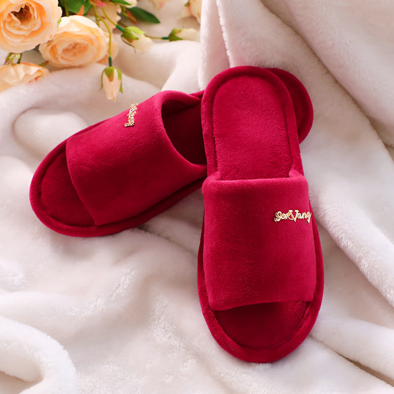 思泽 婚庆用品结婚红色喜庆拖鞋家居水晶绒磨毛拖鞋陪嫁情侣拖鞋-思泽