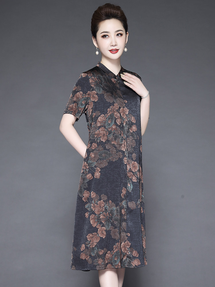 重磅真丝连衣裙杭州桑蚕蚕丝夏季新款贵夫人中老年连衣裙