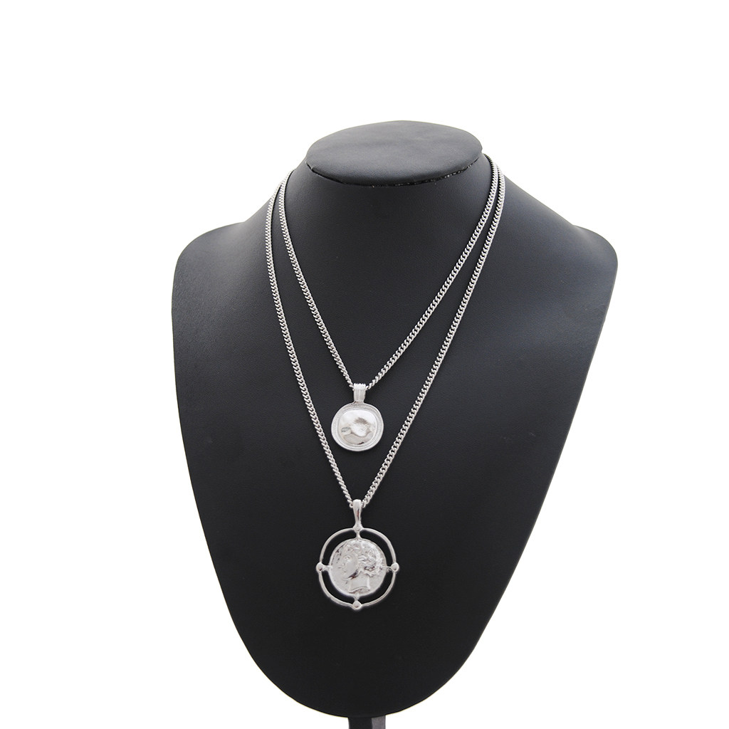 项链复古金色雕花钱币数字勋章长链双层吊坠项链